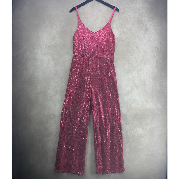 Fanco Womens L Sparkling Pink Sequin Full Length Vneck Jumpsuit Wide Leg Party - Picture 10 of 12